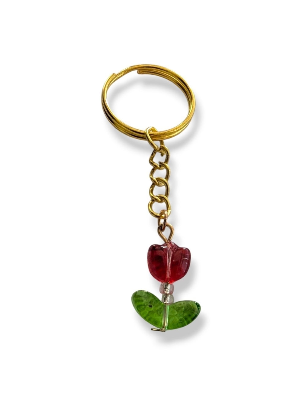 Gold Tone Keyring with Red Glass Flower and Green Leaf Charm